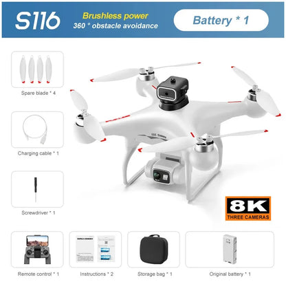 S116 MAX Drone, Drone package with motor, battery, props, and accessories for 3 cameras, RC, and storage.