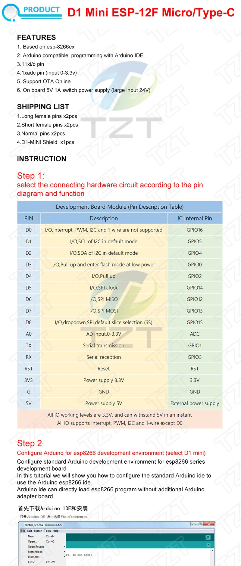 D1 Mini TYPE-C/MICRO ESP8266 ESP-12F CH340G V2 USB D1 Mini WIFI Development Board D1 Mini NodeMCU Lua IOT Board 3.3V With Pins 17 Compact Wi-Fi development board with ESP-12F chip, suitable for IoT projects.