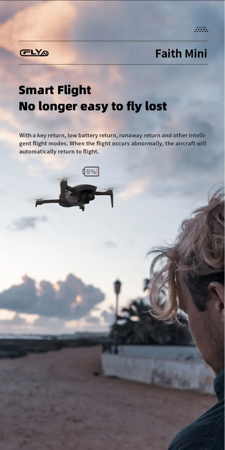 CFLY Faith MINI Drone, when the flight occurs abnormally, the aircraft will automatically return to flight: 5% [ key