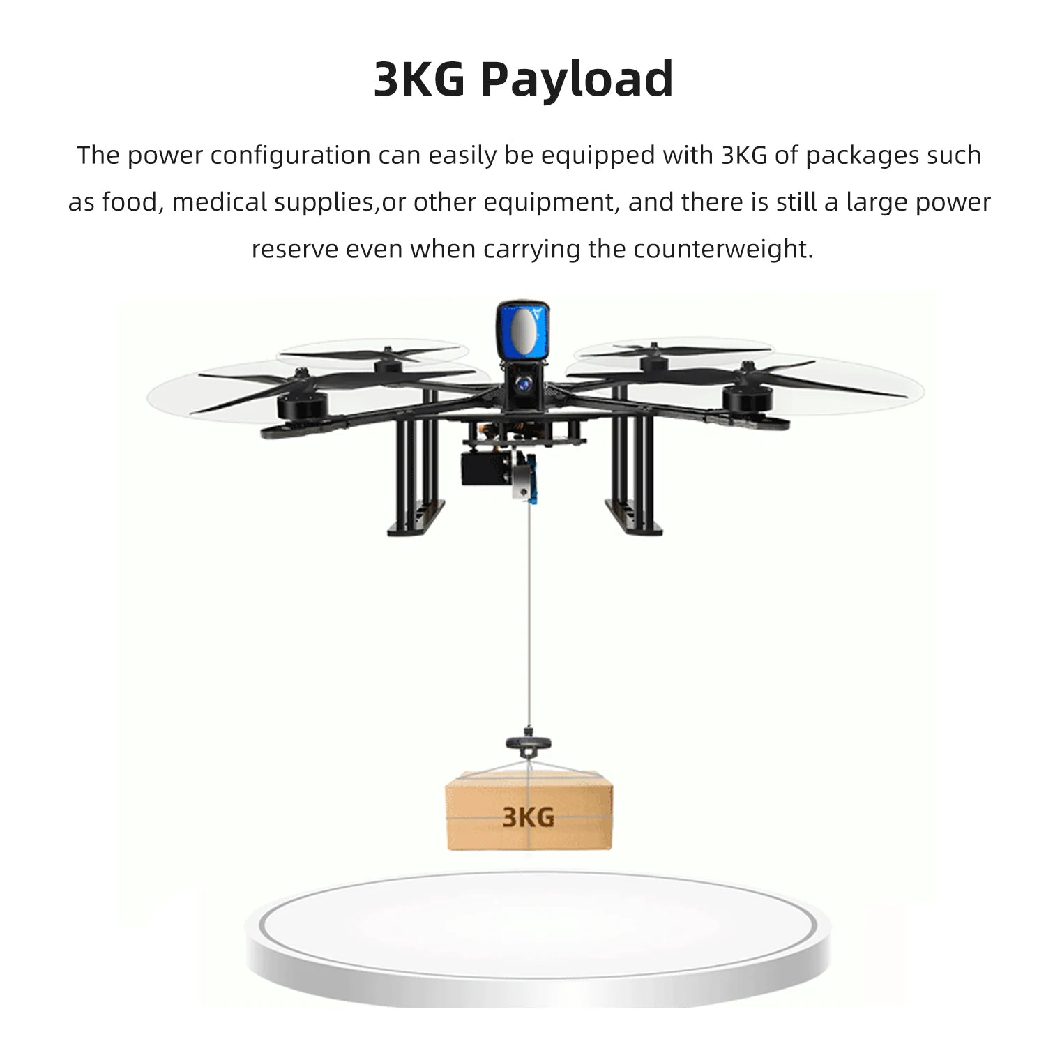 The RadioLink M435 drone carries 3kg payloads, such as food and medical supplies, and has ample power reserve.