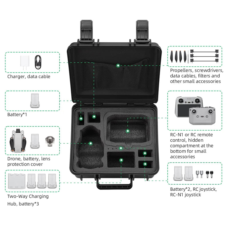Portable Storage Case for DJI Mini 3 PRO Hard Shell Carrying Box Waterproof Suitcase Explosion-proof Case Controller Accessories 10 hidden compartment at the bottom for small Drone; battery, lens accessories protection cover Vr Battery