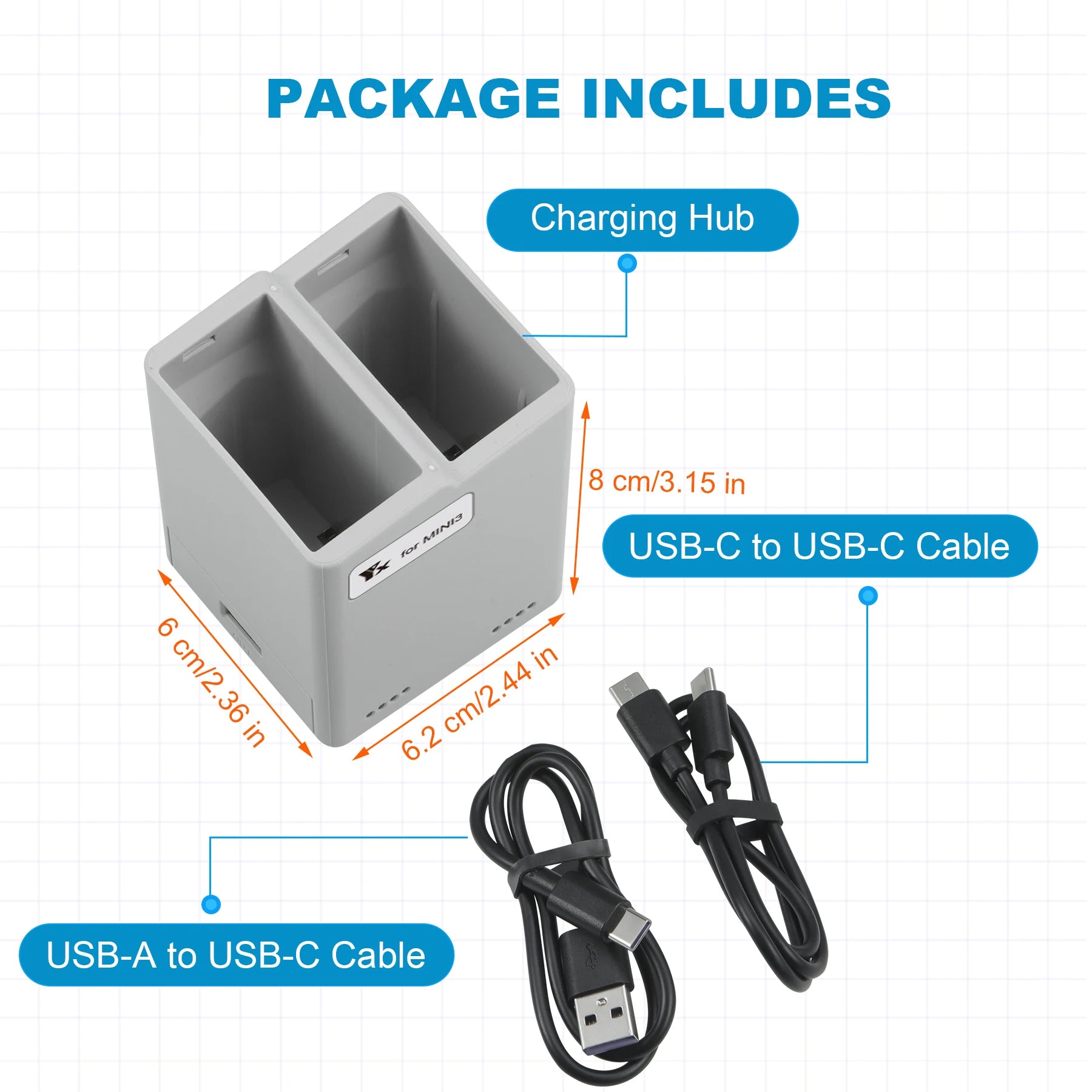 PACKAGE INCLUDES Charging Hub cm/3.15 in USB-C to USB