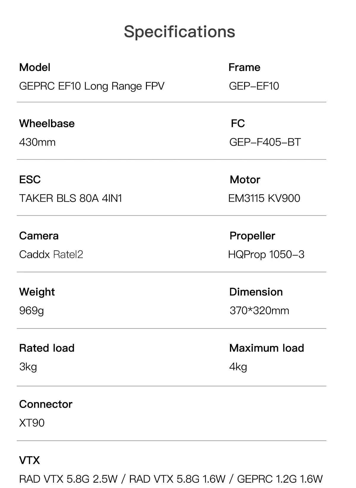 GEPRC EF10 1.2G 2W Long Range 10inch FPV, HQProp 1050-3 Weight Dimension 969g 370*32Omm Rated