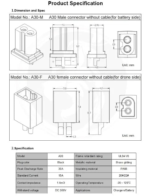 A30 FPV Battery Connector. A30 M A3Q_ Male_connector_without_battery_side