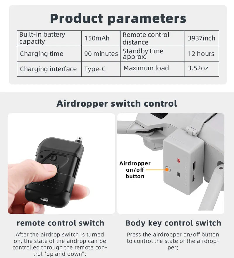 Airdrop System for DJI Mavic 3/2 Pro Zoom AIR 2 Mini 2/Mini 3 Drone Fishing Bait Wedding Ring Gift Deliver Life Rescue Thrower 89 airdropper switch control Airdropper on/off button remote control switch Body key control switch
