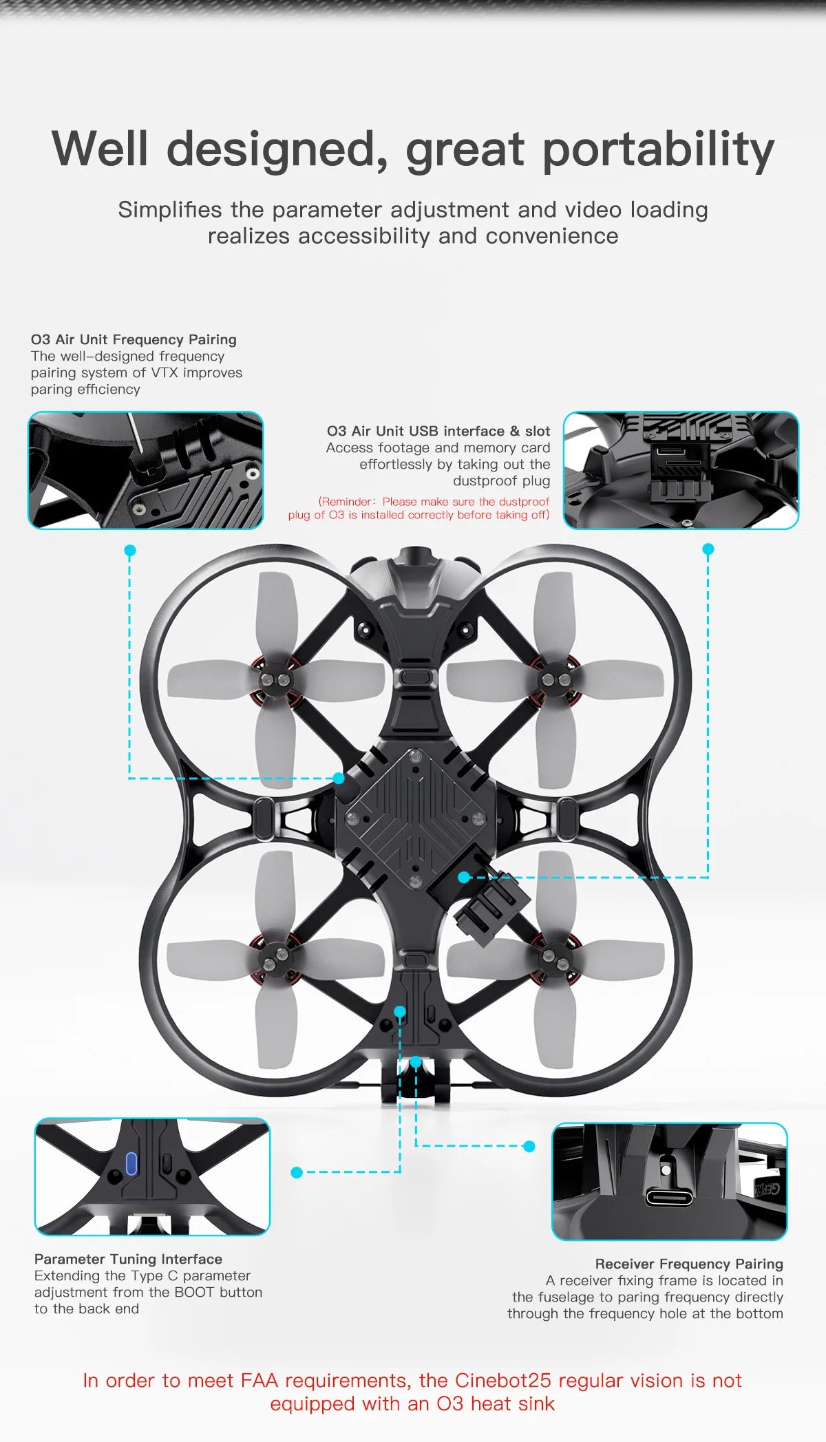 GEPRC Cinebot25 HD O3 FPV Drone, the Cinebot25 regular vision is not equipped with an 03 heat sink . VTX