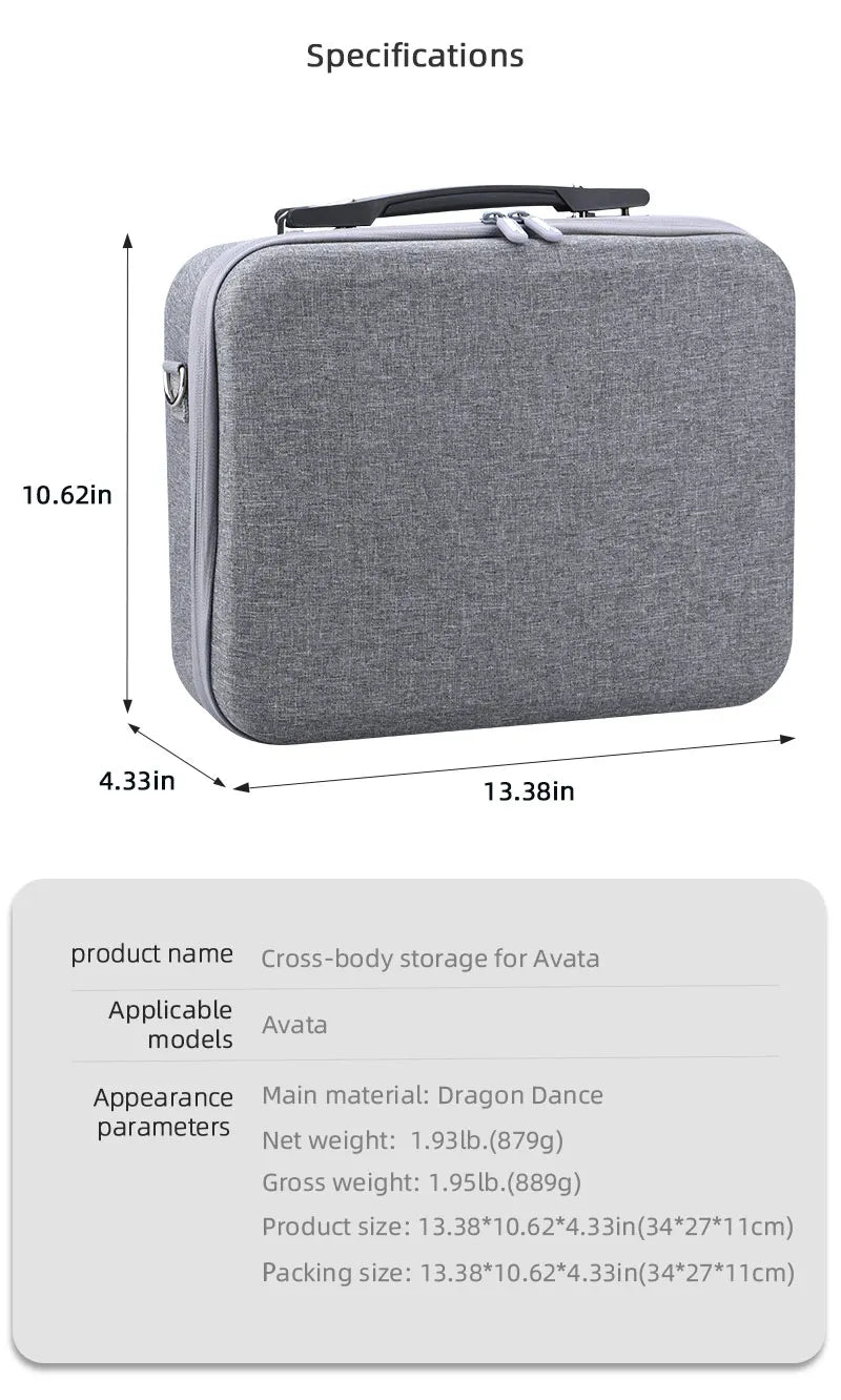 Shoulder Bag for DJI Avata - Carrying Bag Portable Storage Bag Outdoor Handbag Drone Accessories 15 Shoulder Bag for DJI Avata, Specifications 10.62in 4.33in 13.38in Product name Cross-body storage for A