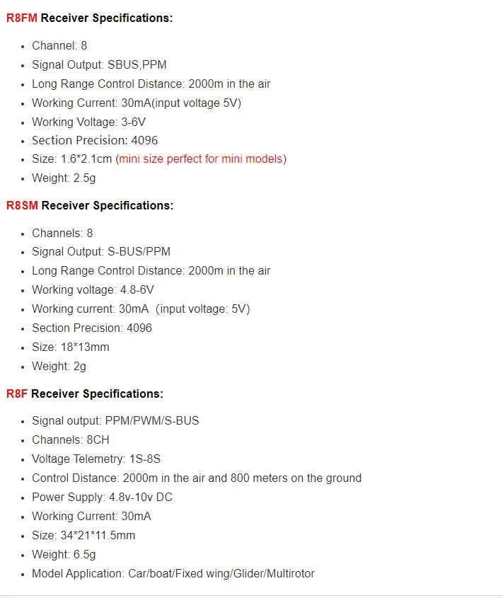 Radiolink T8S, RBSM Receiver Specifications: Channels: 8 Signal Output: S-B
