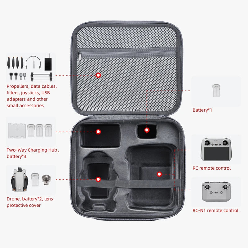 Storage Bag For DJI Mini 3 Pro, battery*1 Two-Way Charging Hub. battery*2 RC remote control
