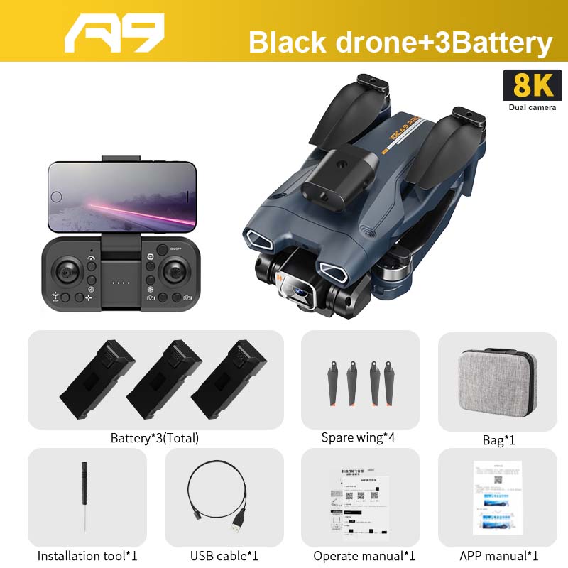 A9 PRO Drone, 3Battery 8K Dual camera Battery"3(Total