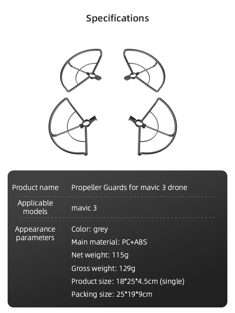 Propeller Guard Protector for DJI Mavic 3 Drone, Specifications Product name Propeller Guards for mavic 3 drone Appearance Color: grey