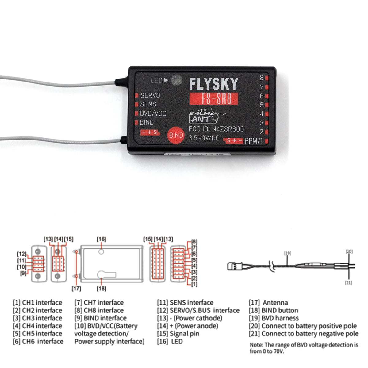 St8 FLYSKY FS-SR8 2.4G 8CH Receiver - ANT Protocol 3.5~9V/DC Receiver for ...