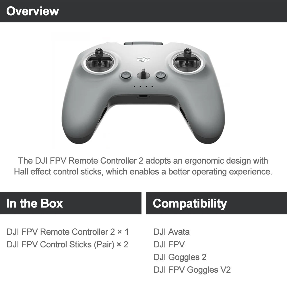Original DJI FPV AVATA Remote Controller 2, The DJI FPV Remote Controller 2 adopts an ergonomic design with Hall effect control sticks