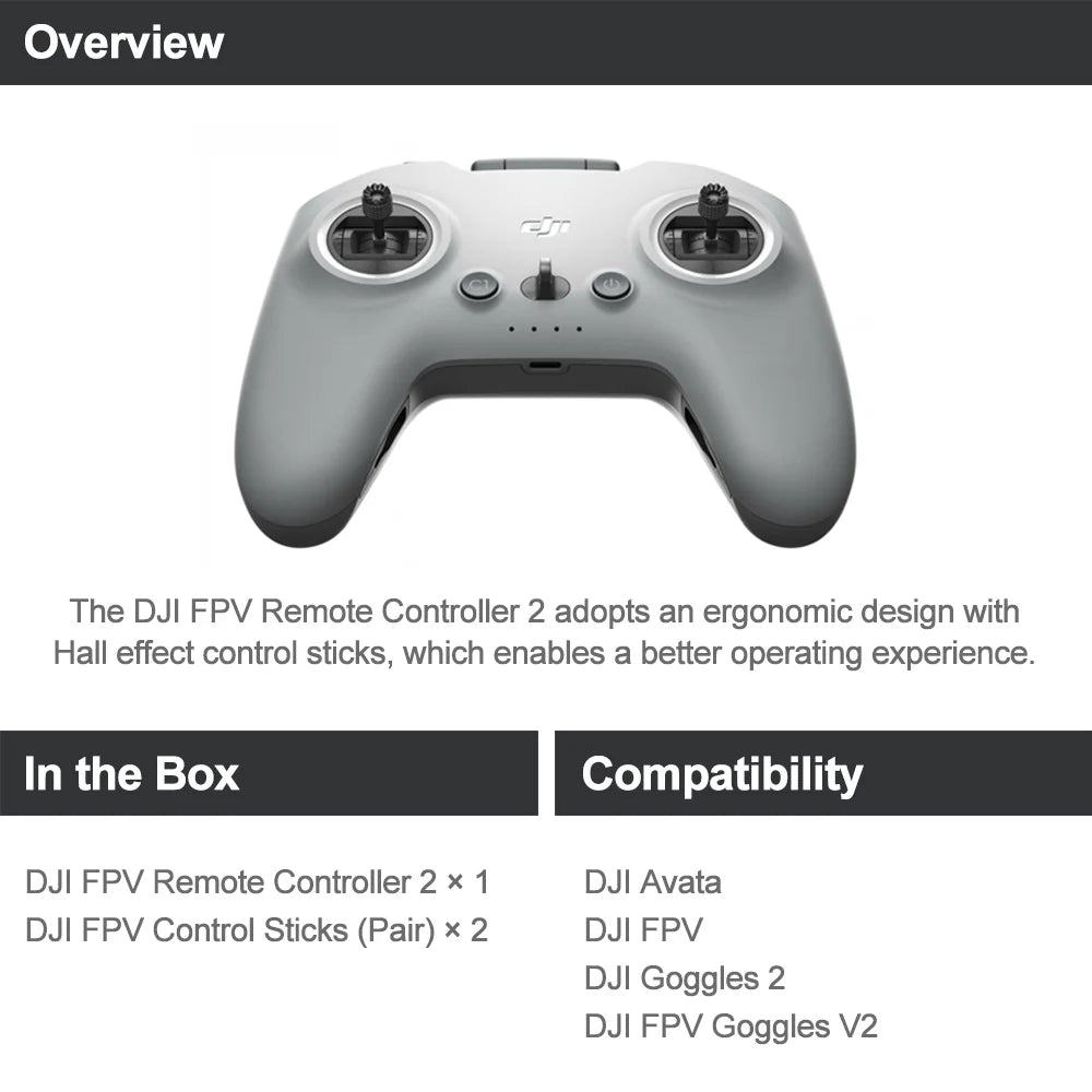 Original DJI FPV AVATA Remote Controller 2. The DJI FPV Remote Controller 2 adopts an ergonomic design with Hall effect control sticks