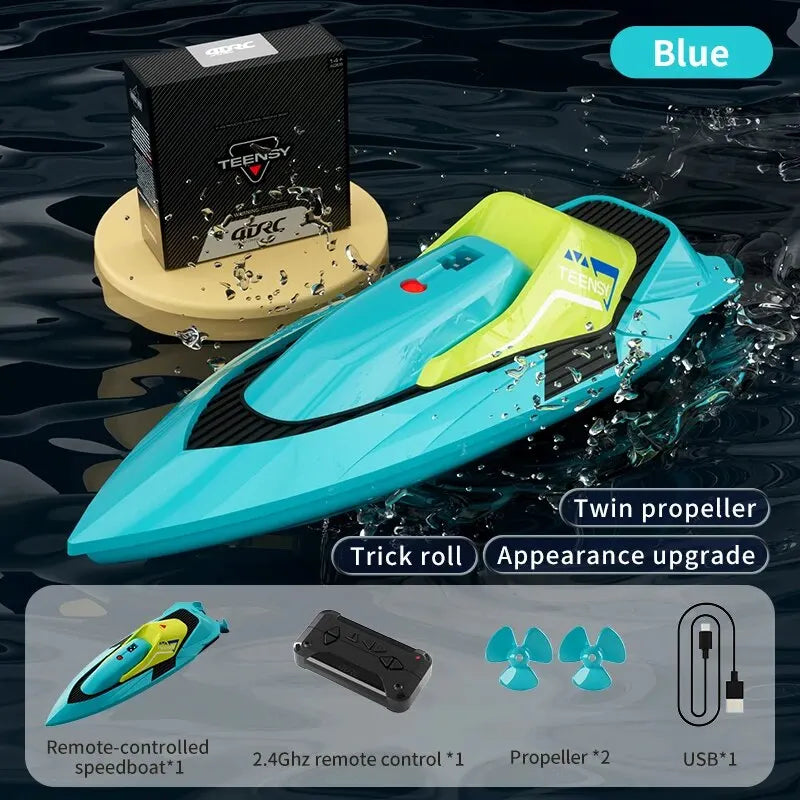 4DRC S5 2.4G Mini RC Boat, Blue 4DRC S5 RC Boat with Twin Propeller and Trick Roll Features