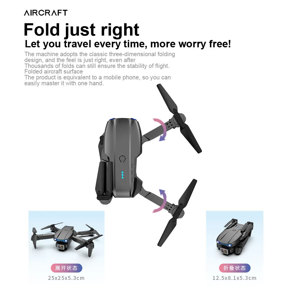 E99 Pro Drone With HD Camera, E99 Pro Drone, folded aircraft surface the product is equivalent to a mobile phone .
