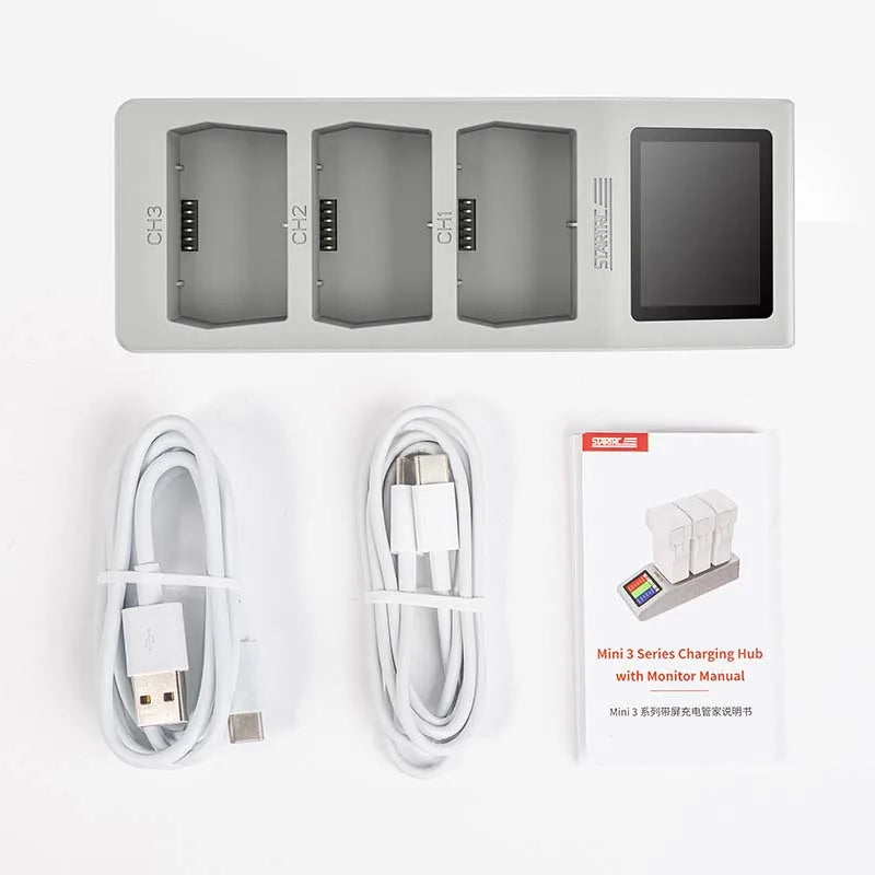 StartRC Mini 3 charging hub features 3-way PD fast charging, sequential battery management, monitor, cables, and manual for efficient drone battery charging.