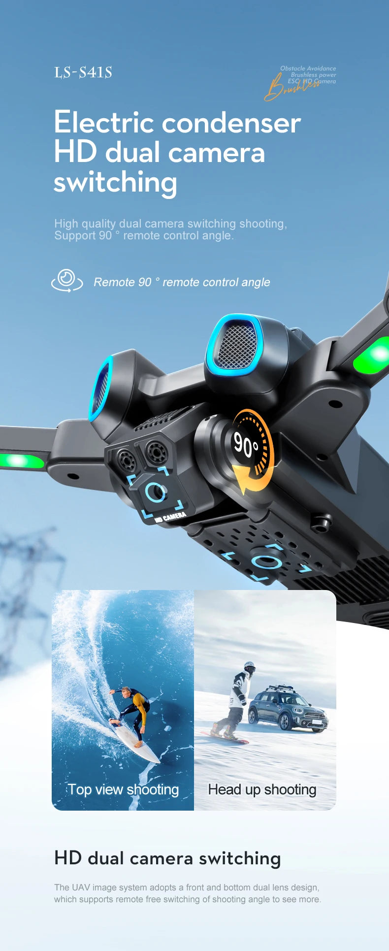 S4S Drone, UAV image system adopts a front bottom dual lens design; which supports remote free switching