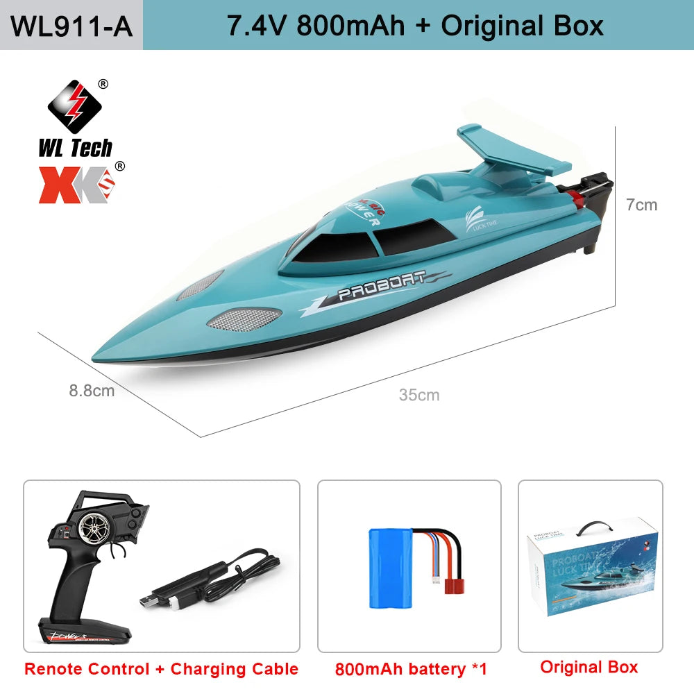 WLtoys WL916 & WL912‑A RC Boat, WL911-A 7.4V 800mAh RC boat with remote, battery, cable, and original box included.