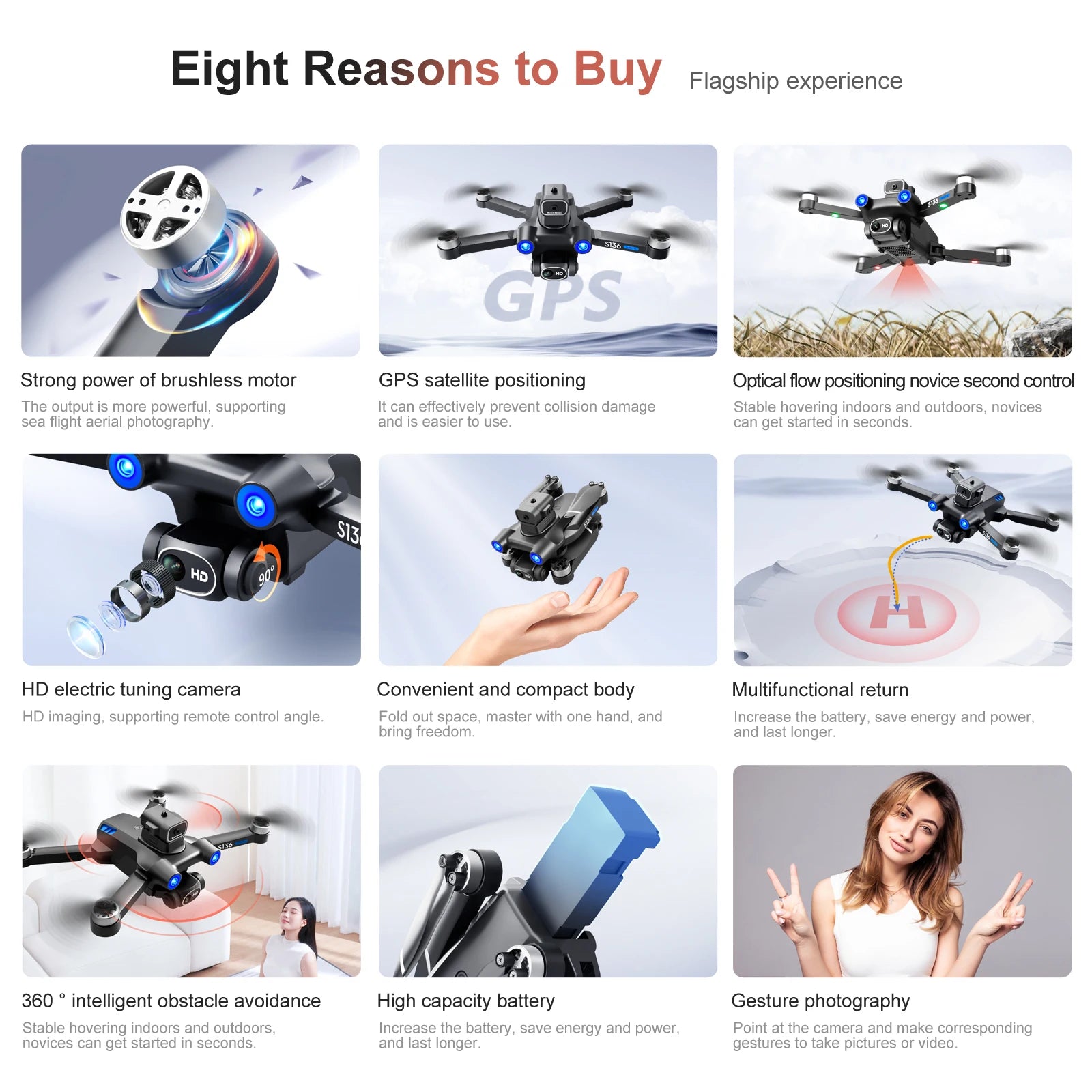 S136 GPS Drone, 8 Reasons to Flagship experience S136 GPS Strong power of brushless motor GPS satellite positioning