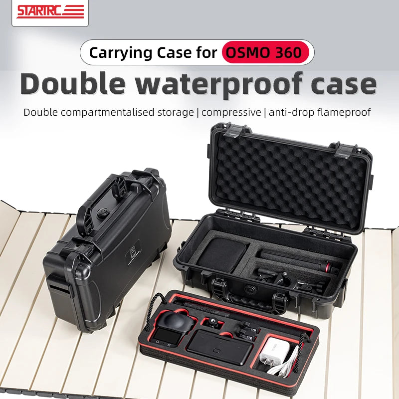 STARTRC OSMO 360 case: dual waterproof, shockproof, flameproof, EVA foam-lined, compact, with organized compartments for protection.