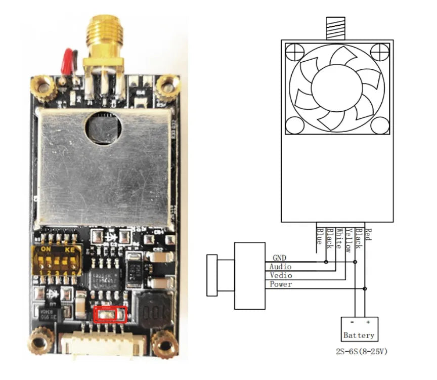 TS582000 5.8Ghz 2W VTX, GND AudLo Vedio Power Battery 2S-6S (8-25