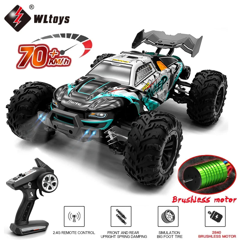 1:16 4WD RC Car, A 1:16 scale 4WD RC car with brushless motor, LED lights, metal drivetrain, and 2.4GHz remote, capable of 70km/h speeds and off-road drifting.