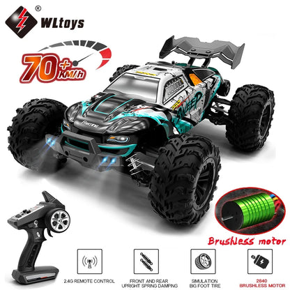 1:16 4WD RC Car, A 1:16 scale 4WD RC car with brushless motor, LED lights, metal drivetrain, and 2.4GHz remote, capable of 70km/h speeds and off-road drifting.
