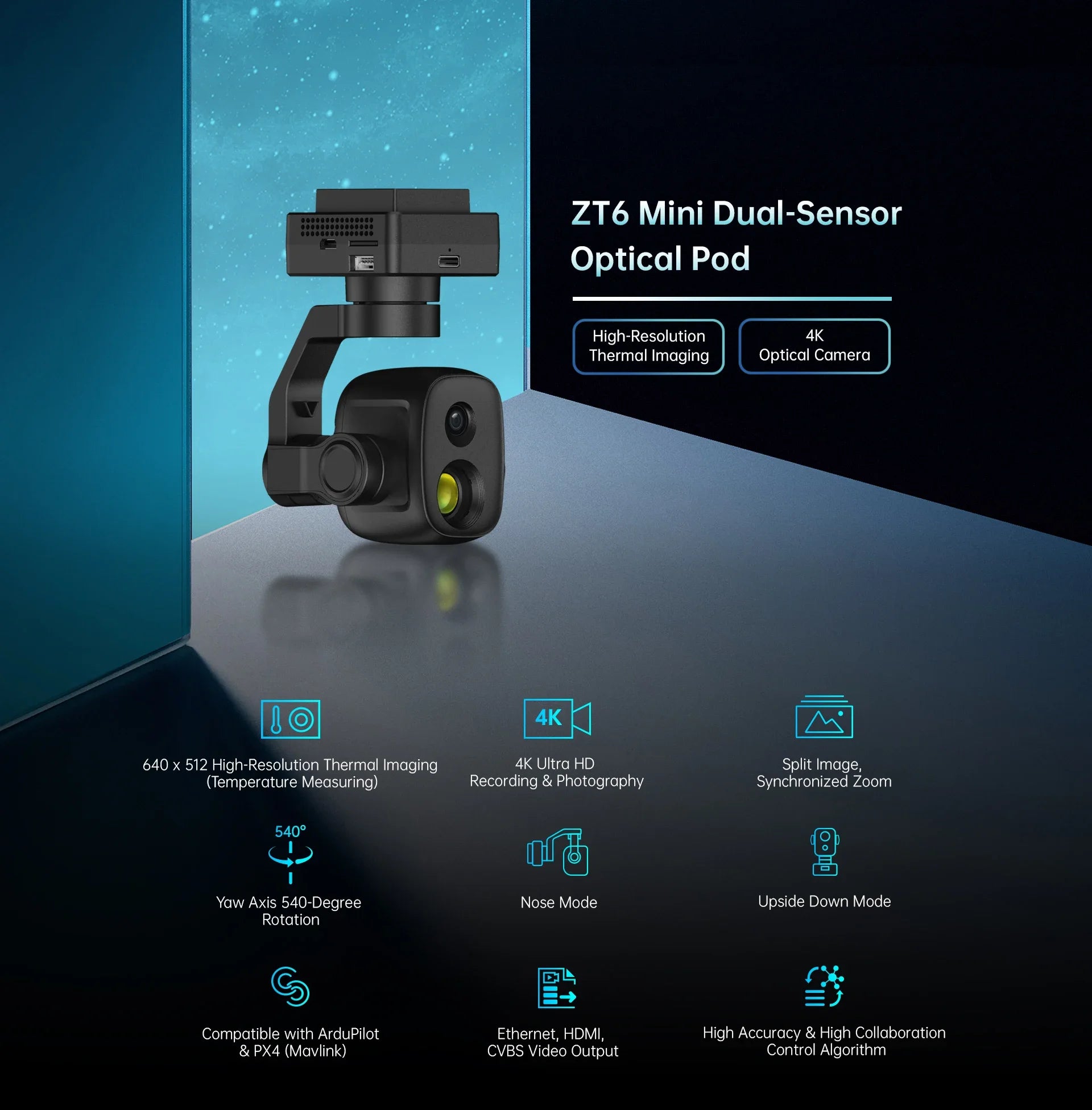 SIYI ZT6 Mini Dual Sensor Optical Pod, High-resolution camera and thermal imaging pod for capturing dual-sensor images with temperature measurement.