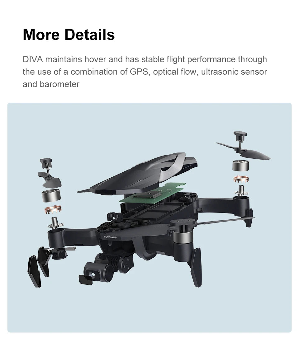 Funsnap Aerial Vehicle face tracking camera drone, DIVA maintains hover and has stable flight performance through the use of a combination of GPS