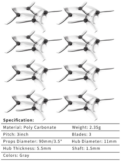 Polycarbonate Weight: 2.35g Pitch: 3inch Blades: 3 Props