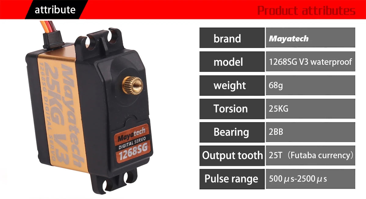 Mayatech 1258TG V3 20KG Servo, Waterproof servo with high torque, digital steering, and precision bearings for precise control.