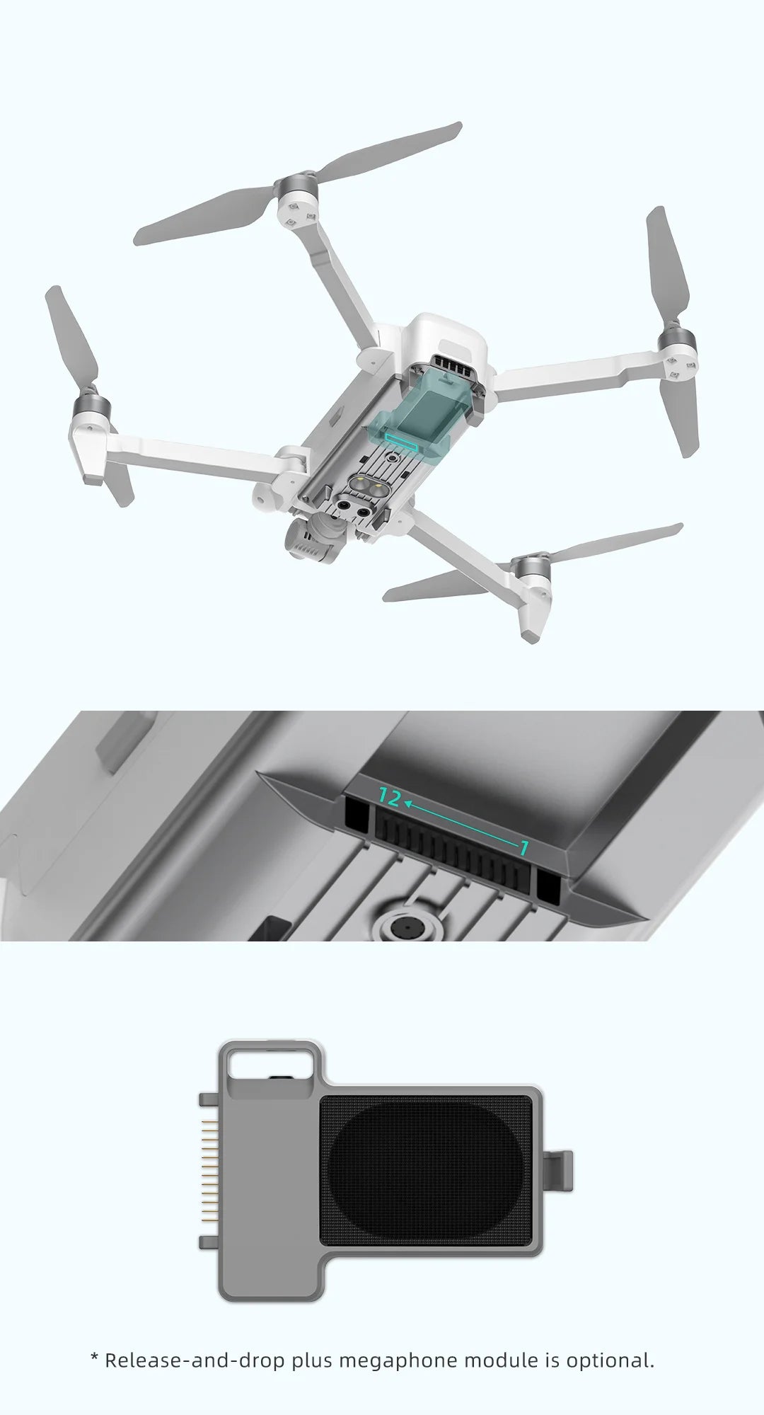FIMI X8SE 2022 V2 Camera Drone, release-and-drop plus megaphone module is optional .