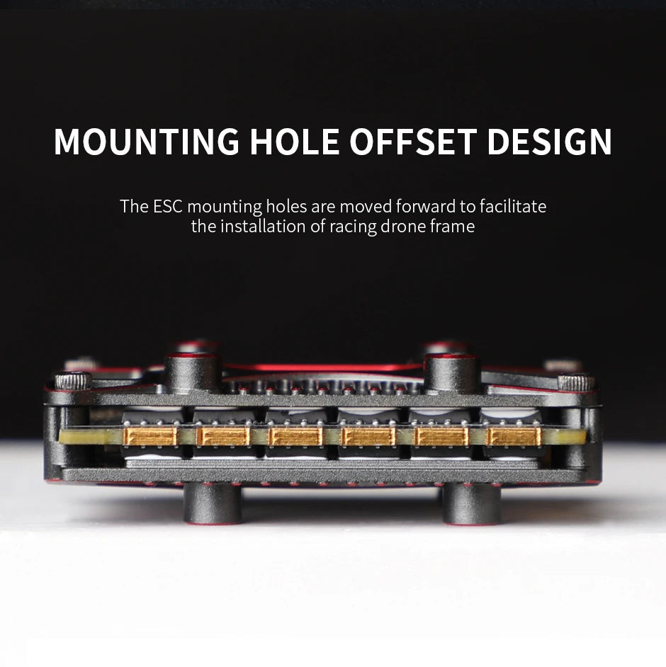 MOUNTING HOLE OFFSET DESIGN The ESC mounting holes are moved forward to