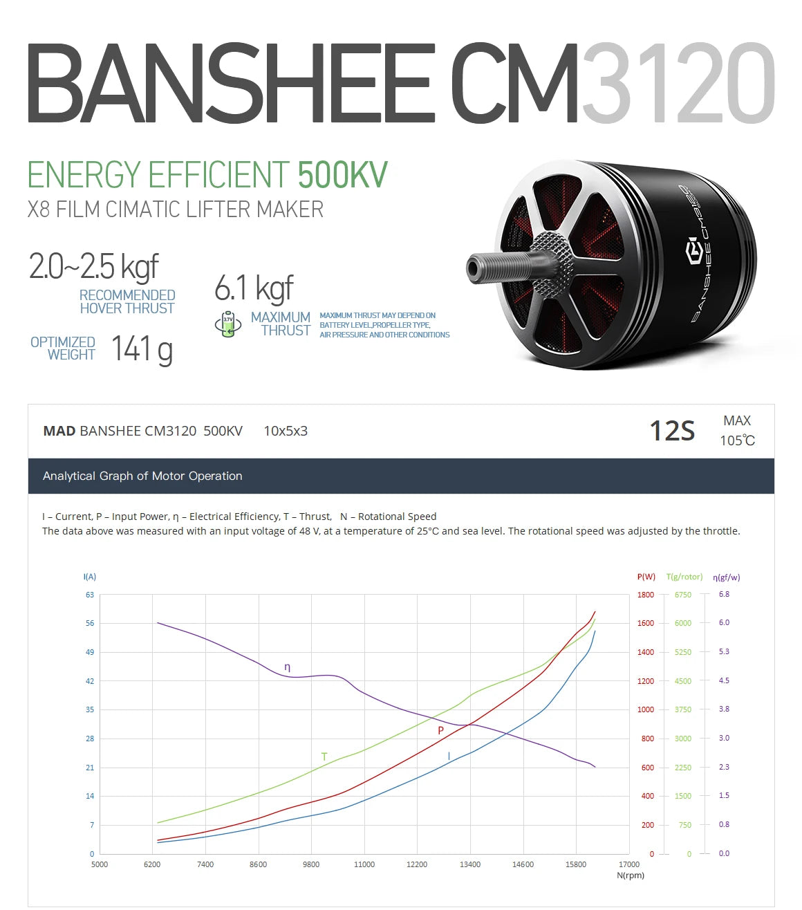 MAD CM 3120 BANSHEE FPV Drone Motor, Brushless motors for long-range FPV drones and cinelifter drones with power options: 500KV, 700KV, or 1000KV.