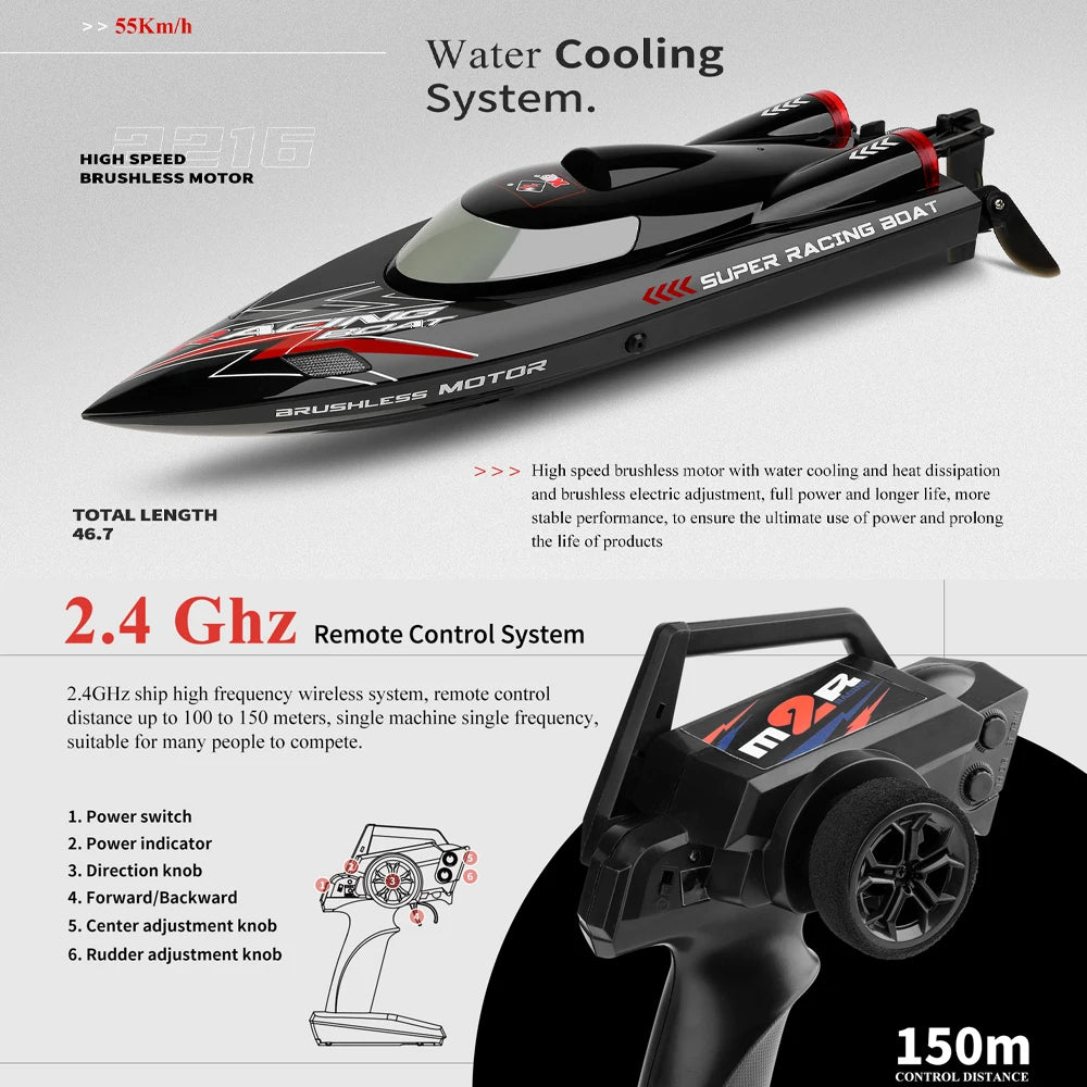 WLtoys WL916 & WL912‑A RC Boat, High-speed 55km/h RC boat with brushless motor, water cooling, 2.4GHz remote, 150m range, precise controls; 46.7cm long.