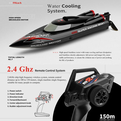 WLtoys WL916 & WL912‑A RC Boat, High-speed 55km/h RC boat with brushless motor, water cooling, 2.4GHz remote, 150m range, precise controls; 46.7cm long.