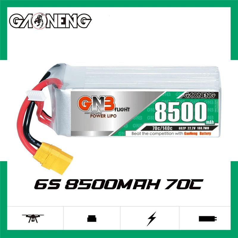 Gaoneng GNB 6S 22.2V 8500mAh 70C Lipo Battery, High-capacity LiPo battery for FPV drones, 8500mAh, 22.2V, 70C discharge rate.