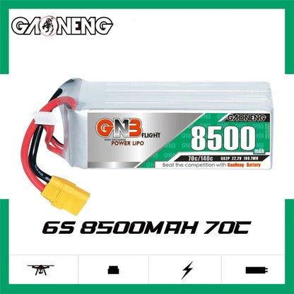 Gaoneng GNB 6S 22.2V 8500mAh 70C Lipo Battery, High-capacity LiPo battery for FPV drones, 8500mAh, 22.2V, 70C discharge rate.