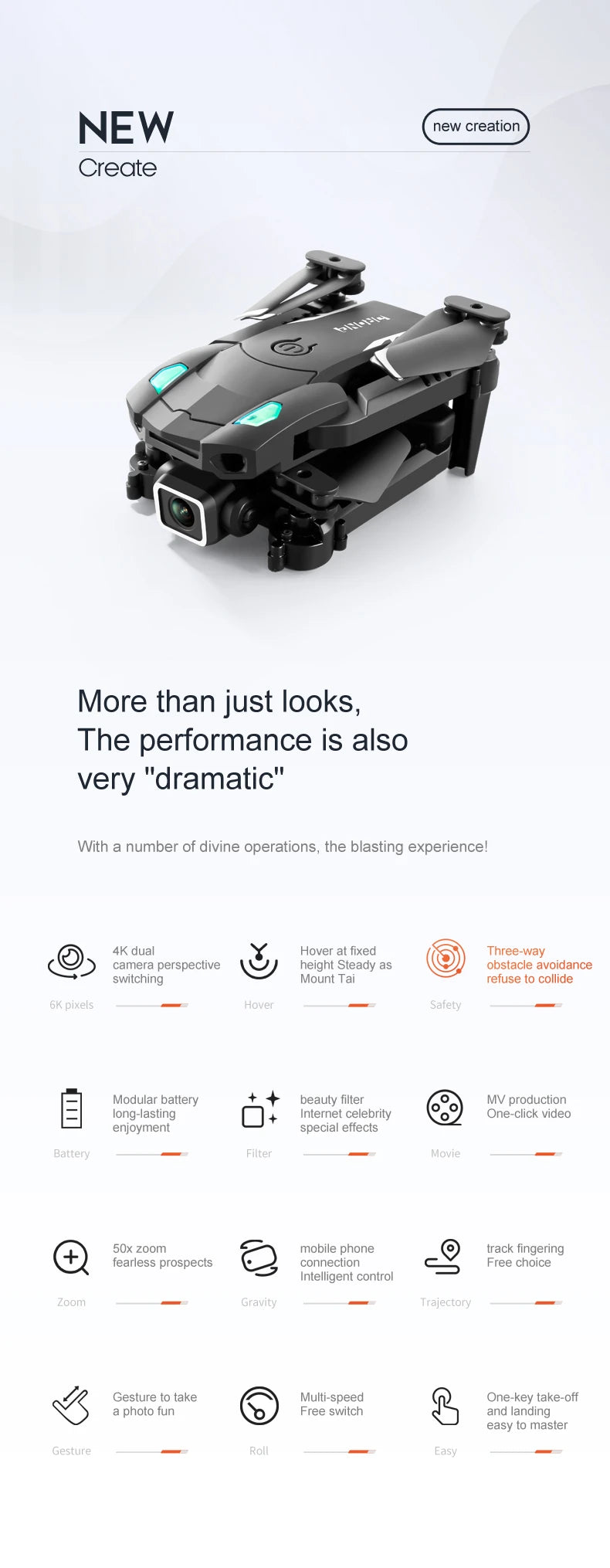 KBDFA S128 Mini Drone, 4k dual hover at fixed three-way camera perspective height steady as