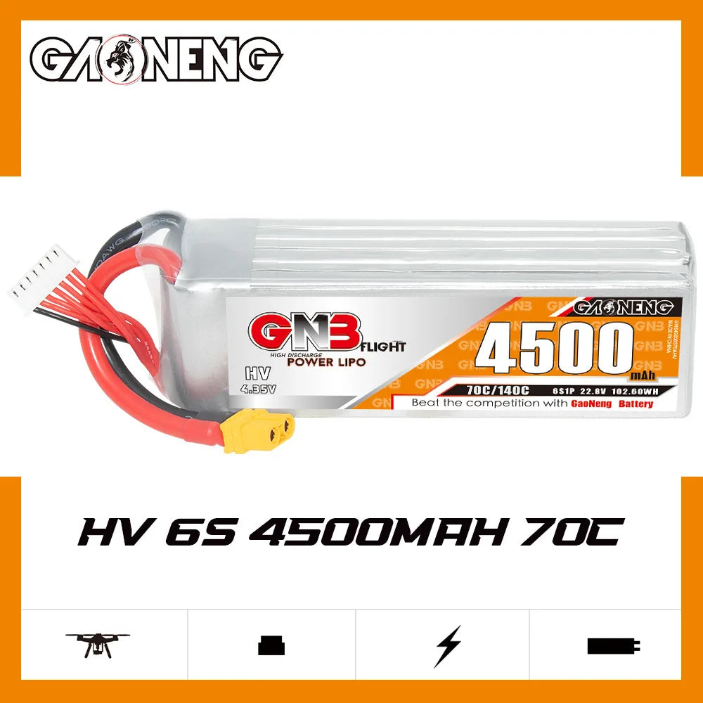 GaoNeng GNB 6S HV battery: High-performance LiPo drone battery with 4500mAh capacity and 140C discharge rate.