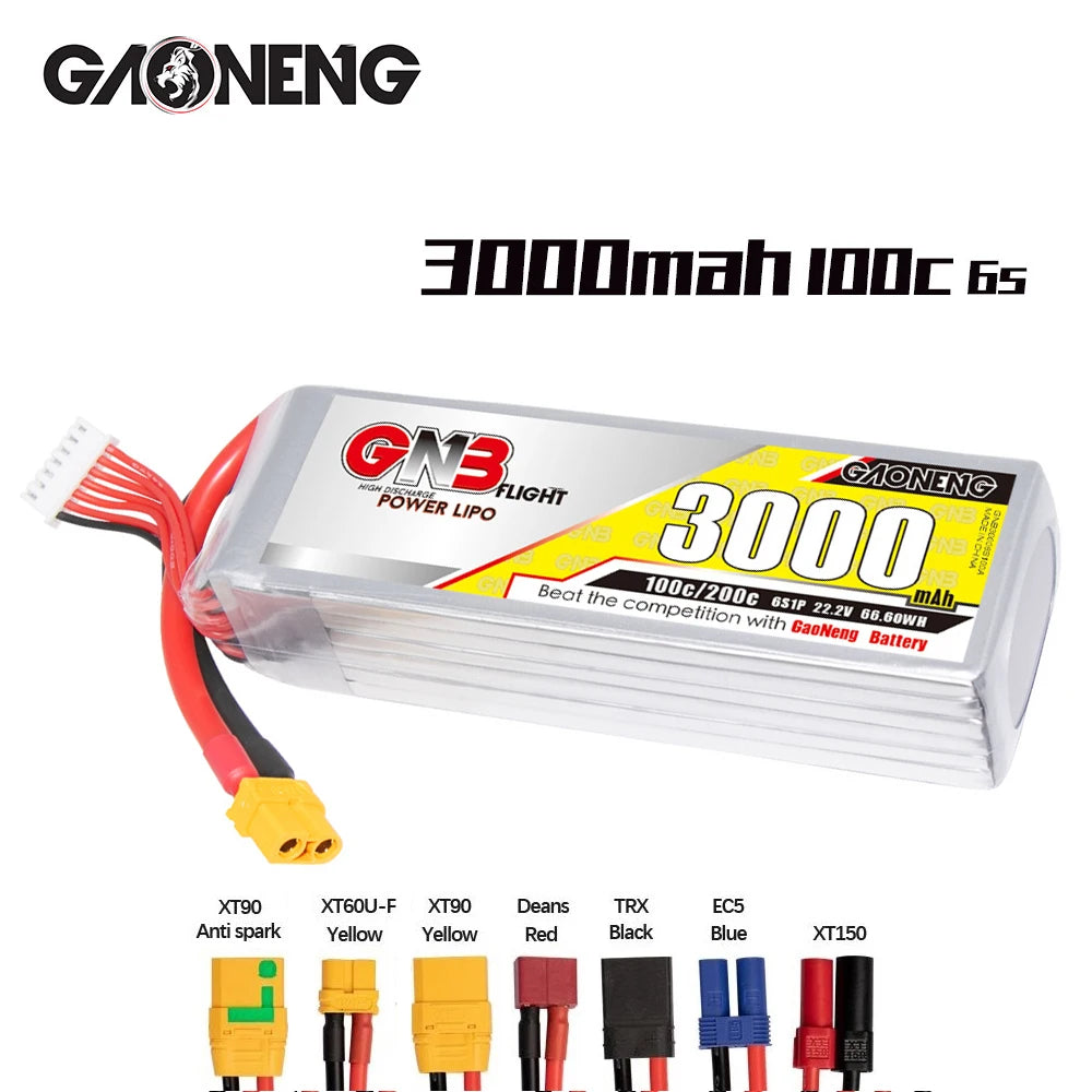 GAONENG GNB 6S 22.2V 3000mAh 100C Lipo Battery, GAONENG GN-B 6S LiPo battery for FPV drones with XT9O connectors and anti-spark tech.