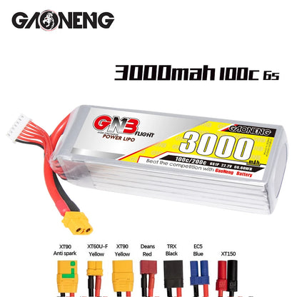 GAONENG GNB 6S 22.2V 3000mAh 100C Lipo Battery, GAONENG GN-B 6S LiPo battery for FPV drones with XT9O connectors and anti-spark tech.