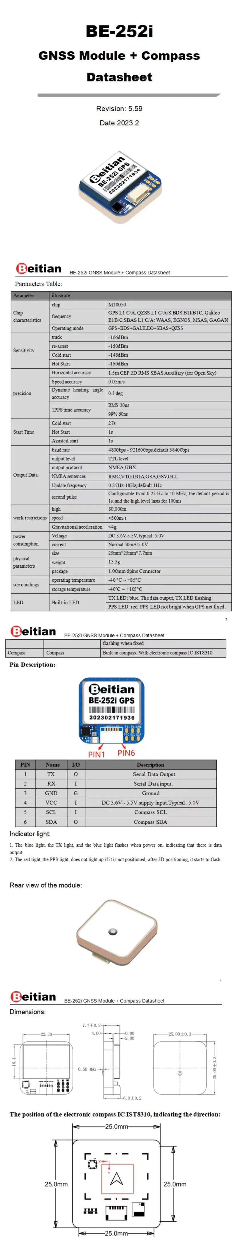 Beitian UBX-M10050 Wearable Flight Controller, eitian BE-252i GNSS Module + Compass Datasheet Dimensions