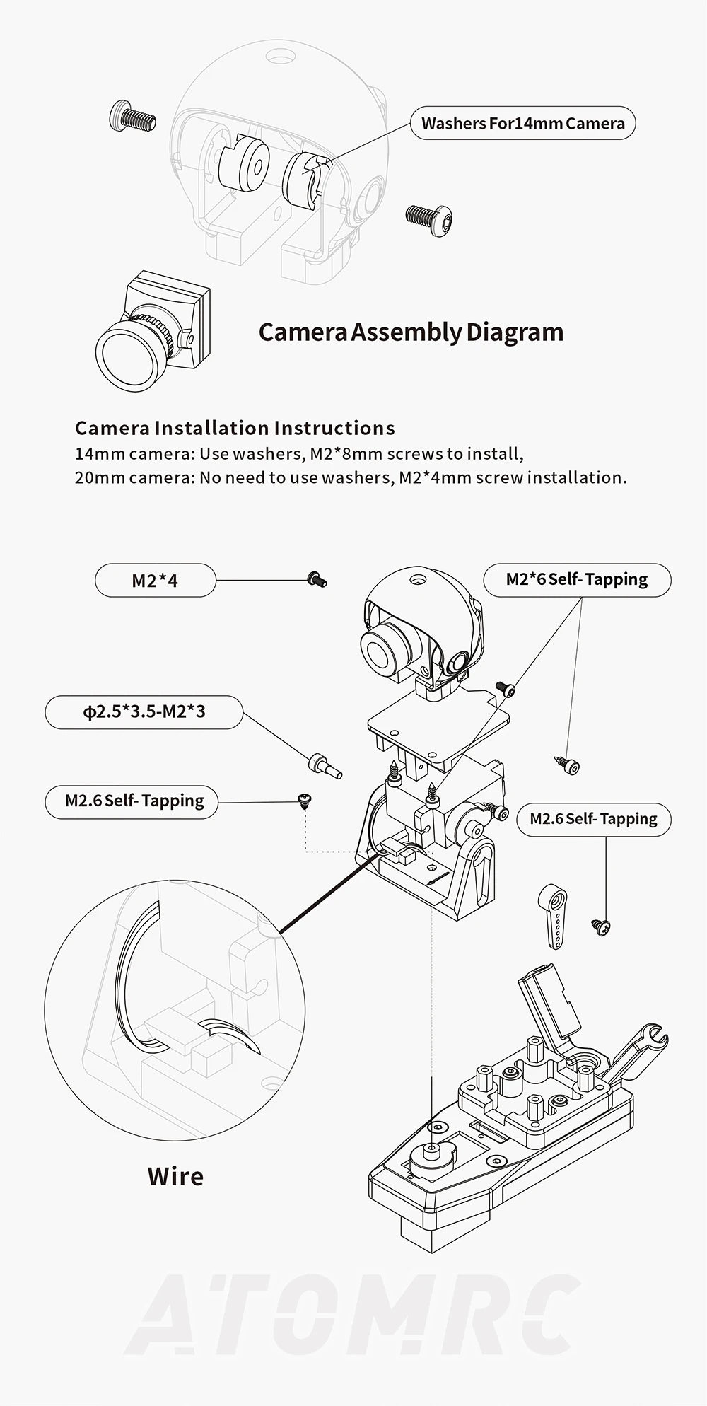 ATOMRC 1 Axis 2 Axis Gimbal, camera: Use washers, M2*8mm screws to install . 20mm camera