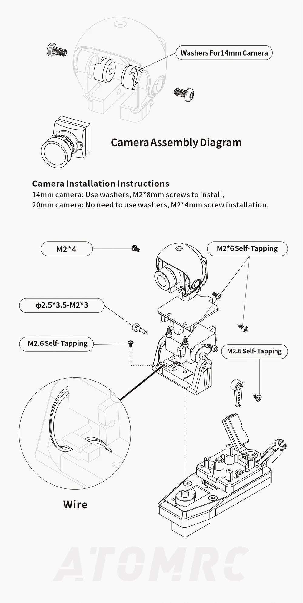 ATOMRC 1 Axis 2 Axis Gimbal - Hi-Resolution Wide Angle Range Gimbal with Servo for FPV Airplane Fixed Wing for RC Model 14 ATOMRC 1 Axis 2 Axis Gimbal, camera: Use washers, M2*8mm screws to install . 20mm camera
