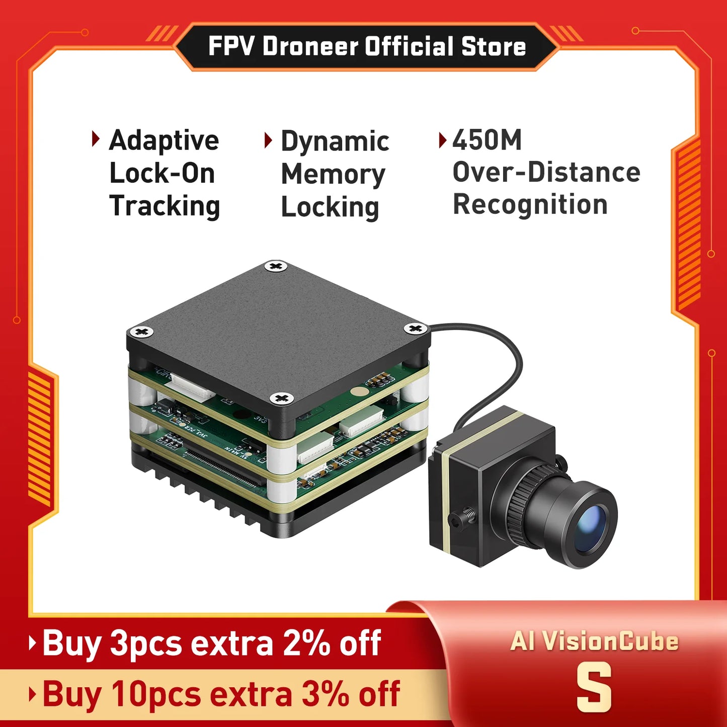 FPV AI Camera, AI VisionCube S: 1080p@30Hz FPV camera with 450m recognition, adaptive tracking, dynamic memory lock, CRSF, PiP, and 1 TOPS AI processing.