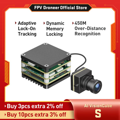 FPV AI Camera, AI VisionCube S: 1080p@30Hz FPV camera with 450m recognition, adaptive tracking, dynamic memory lock, CRSF, PiP, and 1 TOPS AI processing.