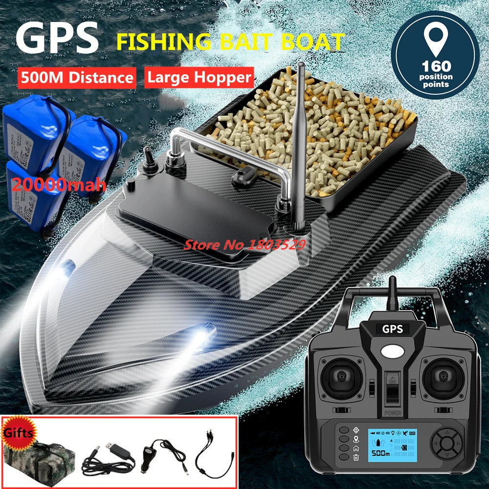 Tccicadas V060 GPS Fishing Bait Boat, GPS fishing bait boat with 500M range, 160 preset positions, 2kg hopper, dual motors, auto return, and 20000mAh battery for extended use.