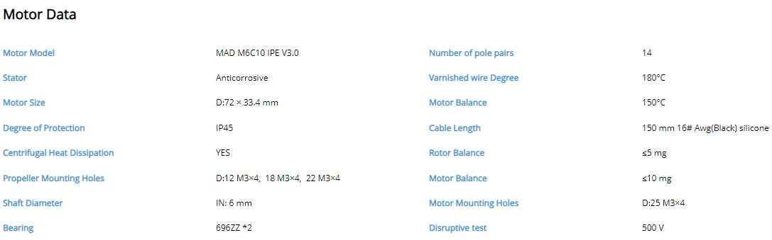 MAD M6C10 IPE V3 Drone Motor, Industrial-grade drone motor with various KV options and brushless design.